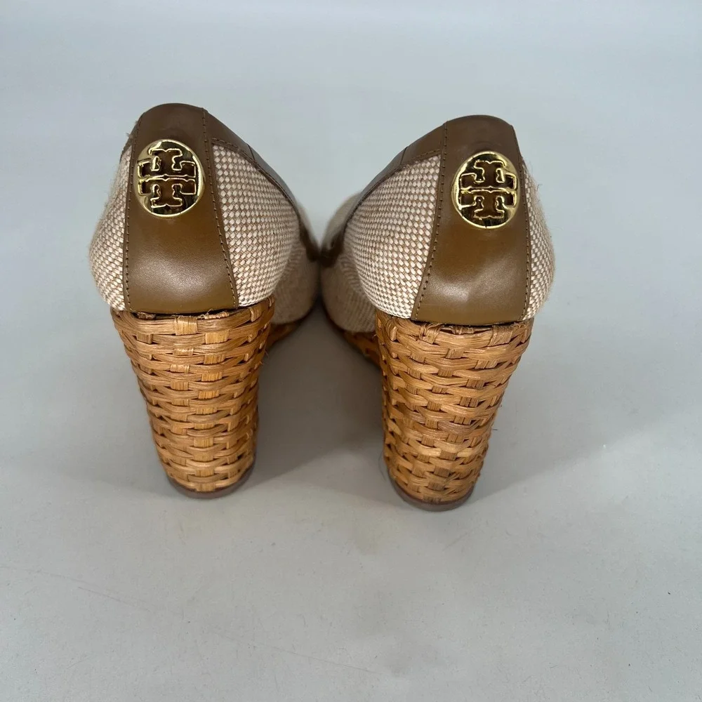 Tory Burch Wedges Womens 9.5M Woven Wicker Summer Sandal Heel Y2K Neutral
